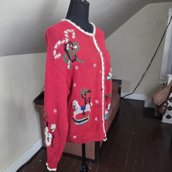 VTG BellePointe Christmas Cardigan Red Knit Holiday Sweater Made in Hong Kong M - Picture 6 of 16
